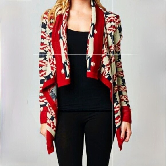 B Sharp Assymetrical Waterfall Drape Front Aztec Print Mohair Blend Cardigan - Picture 1 of 13